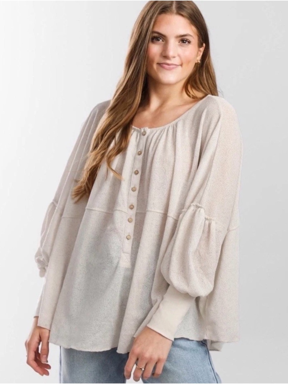 Free People Blue Bell Blouse Medium  Cream Button Front Balloon Sleeve OB1351981
